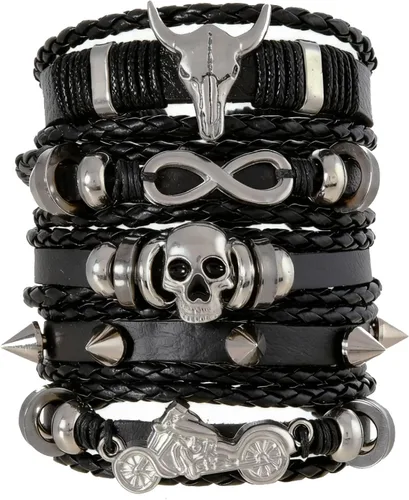 Vista 6 de MILAKOO Juego de pulseras punk de piel sintética para mujeres y hombres, remaches tachonados, calavera y estrella, pulseras para accesorios
