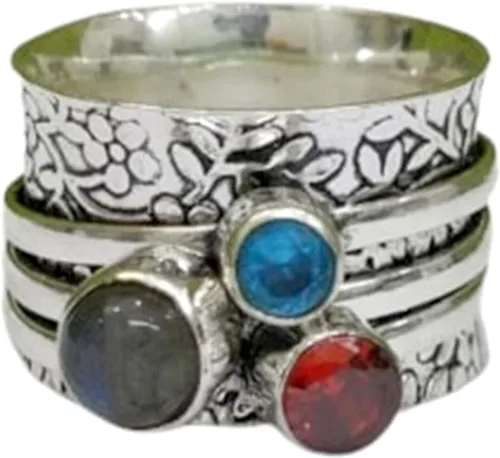 Vista 5 de Multi-Gemstone Spinner Ring for Women, 925 Sterling Silver Boho Meditation Band with Amethyst, Moonstone, Opal, Garnet, Gift for Her