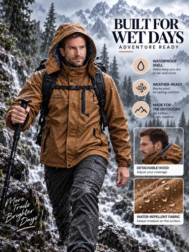 Vista 6 de ELLSWOS Chaqueta de esquí impermeable para hombre, abrigo de nieve de invierno, impermeable cálido con capucha, cortavientos Marrón