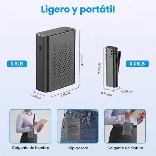 Vista 5 de Amplificador de voz con micrófono de solapa inalámbrico, micrófono inalámbrico recargable portátil y altavoz con cintura, amplificador de voz