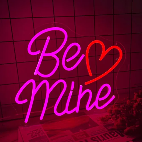 Vista 3 de Letrero de neón con forma de corazón de San Valentín con texto en inglés «Be Mine», 14.2 x 11.4 pulgadas, decoración de San Valentín, letrero