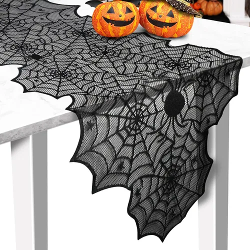 Vista 10 de Camino de mesa de Halloween, tela de araña de encaje negro, para decoración de Halloween, fiesta, decoración de mesa de comedor, 18 x 72 pulgadas
