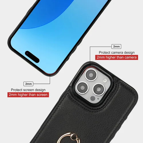 Vista 8 de Folosu Funda compatible con iPhone 16 Pro Max con soporte para tarjetas, rotación de 360°, soporte de anillo de dedo con función atril, bloqueo Negro