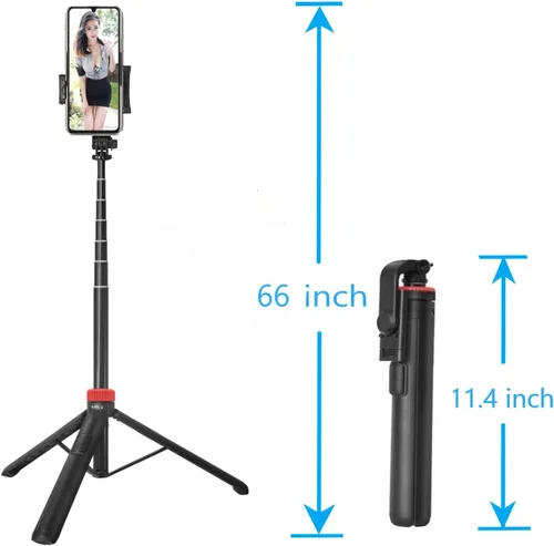 Vista 6 de Trípode de 66 pulgadas para iPhone y cámara, trípode portátil para teléfono con control remoto recargable y soporte giratorio para teléfono, palo