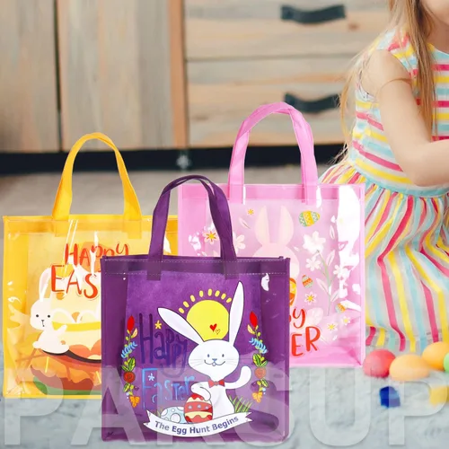 Vista 7 de 6 bolsas de caza de huevos de Pascua felices, bolsas de regalo de huevos de zanahoria con asas, bolsas multifuncionales no tejidas para envolver