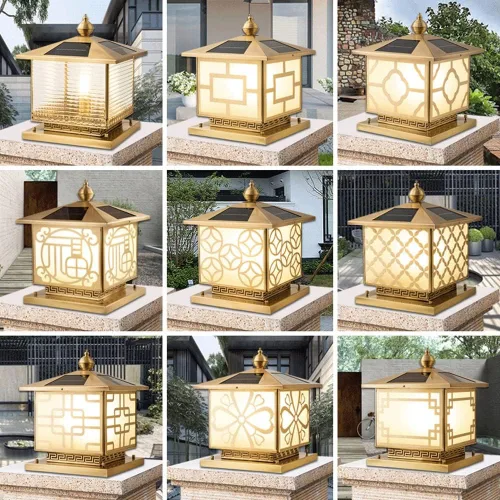 Vista 6 de 3 luces de pilar solar de lujo con pantalla de vidrio, metal de cobre, luz solar para exteriores con base E27, iluminación de calle para villa