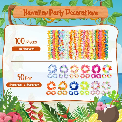 Vista 3 de Jexine 250 piezas de Leis hawaianos a granel Luau decoraciones de fiesta hawaianas tropicales diademas y pulseras de flores Lei para regalos