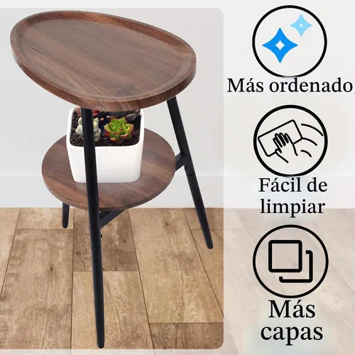 Vista 8 de Mesa auxiliar pequeña, mesa redonda ovalada de madera, mesa de sofá de 2 niveles, mesita de noche con marco de metal para sala de estar, dormitorio