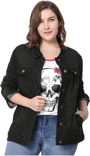 Vista 2 de uxcell Chaqueta vaquera lavada con botones de costura en talla grande para mujer