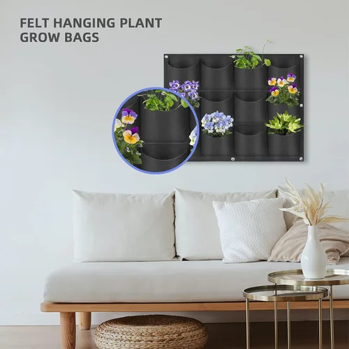 Vista 2 de Bolsas colgantes para macetas con 12 bolsillos, bolsas de cultivo verticales para colgar en la pared, macetas de jardín de hierbas para interiores
