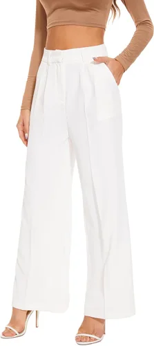 Vista 6 de KICZOY Pantalones de pierna ancha para mujer, cintura alta, pierna ancha, ajuste holgado, cintura elástica, plisados, para trabajo, casual