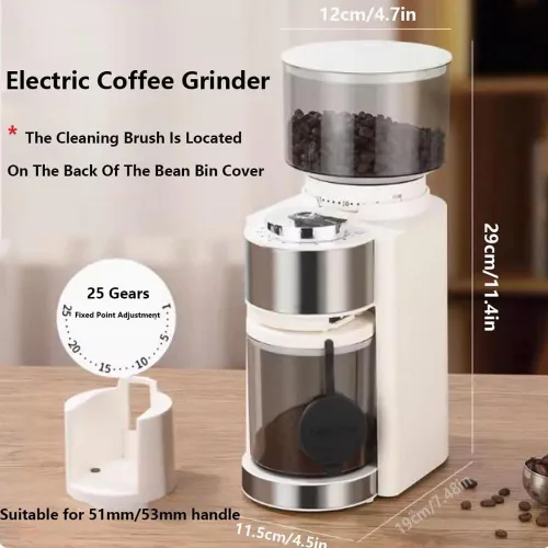 Vista 5 de Molinillo de café eléctrico de 25 pasos, cuchillas de acero inoxidable para expreso, nueces, semillas y especias, molinillo de especias compacto
