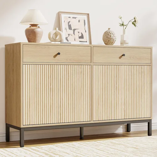 Vista 19 de Mericonia Aparador Buffet Gabinete Almacenamiento, Consola de madera moderna acanalada Credenza
