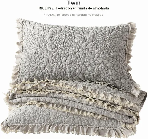 Vista 5 de HORIMOTE HOME Edredón beige con volantes, tamaño individual, microfibra lavada a la piedra, ligera, arrugada, rústica, desgastada, elegante, 2