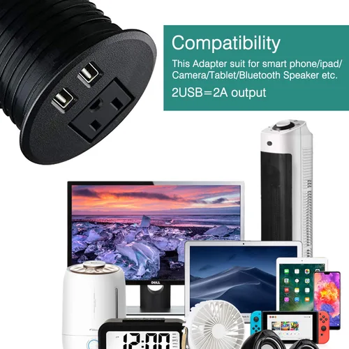 Vista 5 de Ojal de alimentación de escritorio de 2 3/8 pulgadas con orificios de mesa con 2 puertos de carga USB, cable de extensión de 6.5 pies con 1 toma