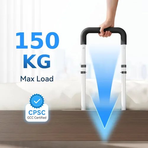 Vista 6 de Barandillas de cama para adultos mayores de seguridad - Diseño ajustable de tubo plano para personas mayores con bolsillo de almacenamiento y asa