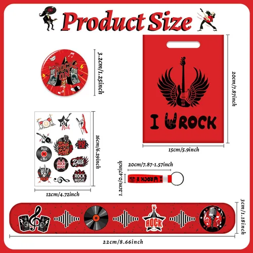 Vista 2 de Recuerdos de fiesta de Rock and Roll, decoraciones de suministros de estrella de rock incluye 12 llaveros, 12 insignias, 12 pulseras, 12 bolsas, 12