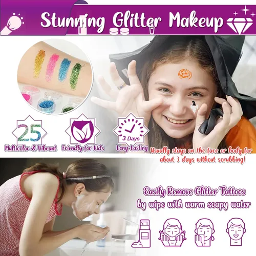 Vista 4 de TEUVO Kit de tatuaje con purpurina para niños con 25 colores, 225 plantillas, 6 bolígrafos, 2 hojas de diamantes de imitación, 5 pinceles, 3