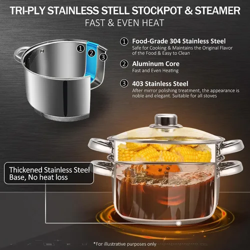 Vista 3 de AuFranc® olla de 4 cuartos de acero inoxidable 18/10 de tres capas con tapa de vidrio templado y vaporera, olla a vapor multiusos compatible