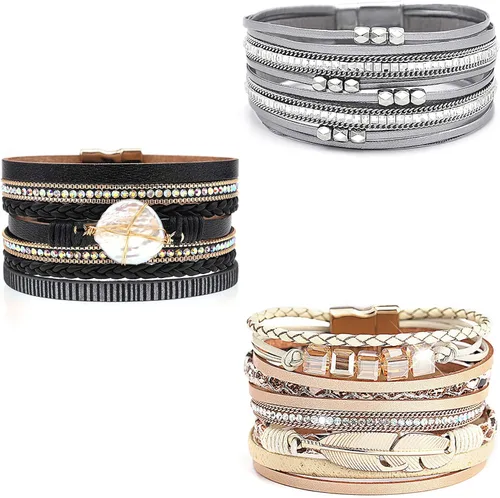 Vista 16 de Wowanoo - Juego de 3 pulseras de cuero de varias capas con cierre magnético para mujer, con cristales, ramas de árbol pulseras para mujer.