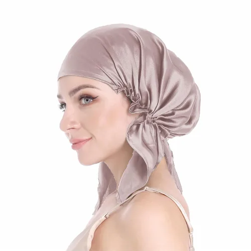 Vista 7 de SissiLita Gorro de seda 100% para dormir, gorro de seda grande con banda de amarre para el cuidado del cabello rizado (azul)