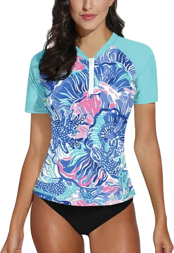 Vista 35 de BesserBay Camiseta de natación de manga corta con cremallera UPF 50+ para mujer, de secado rápido