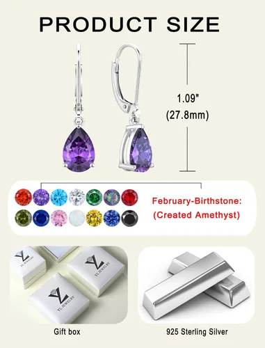 Vista 6 de YL Aretes colgantes de plata de ley, aretes solitarios con cierre de palanca de 0.276 x 0.394 in, joyería de piedra natal de lágrima para mujer