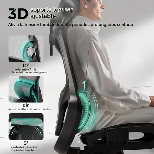 Vista 3 de Hbada P2 Silla de oficina ergonómica con soporte lumbar 3D, sillas de malla con brazos de rotación 3D de 360°, reposacabezas 3D y asiento cómodo