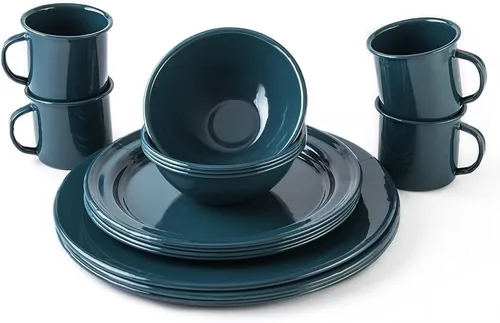 Vista 5 de Cinsa Juego de vajilla esmaltada de 16 piezas para 4. Incluye platos, cuencos, tazas, caldera de café