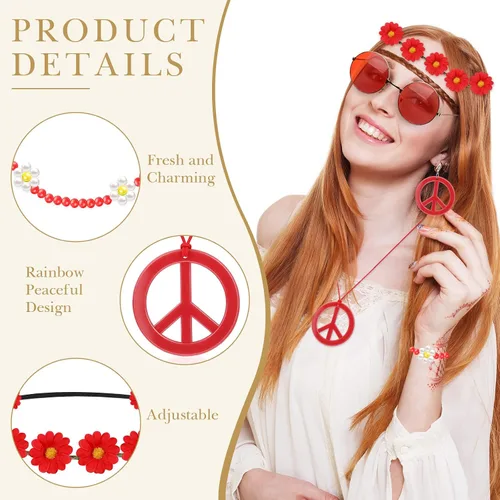 Vista 3 de Juego de 6 accesorios de disfraz hippie bohemio, letrero de la paz, margarita, flor de los años 60 y 70, decoraciones para fiestas geniales