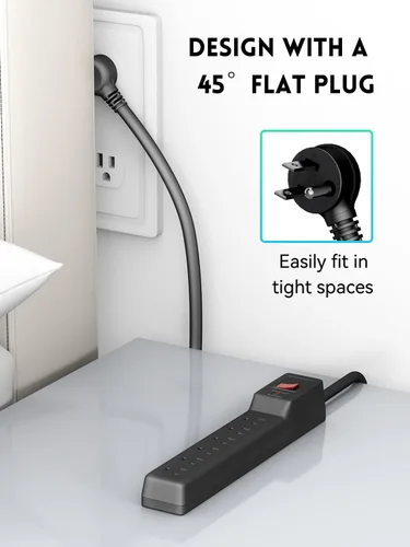 Vista 5 de PLUGUTL - Paquete de 2 protectores de sobretensiones (980 julios), regleta de alimentación de enchufe plano, cable de extensión de 4 pies con Negro