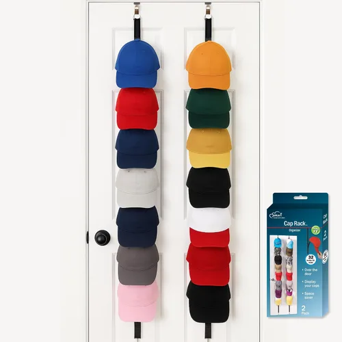 Vista 7 de Jokari Organizador de gorras para colocar sobre la puerta, paquete de 2 unidades con capacidad para hasta 16 sombreros de béisbol, sistema