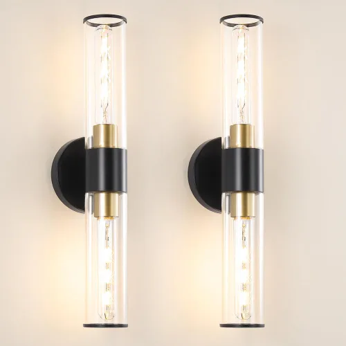 Vista 12 de Juego de 2 apliques de pared de níquel cepillado (solo cableado), lámparas de tocador de baño, modernas luces de pared cilíndricas de vidrio