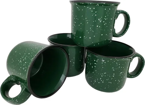 Vista 11 de Taza de café de cerámica de 14 onzas (juego de 4), color azul con acabado moteado, taza duradera de pared gruesa estilo campamento para exteriores