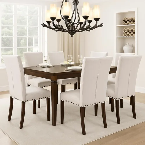 Vista 11 de Juego de 2 sillas tapizadas de tela para comedor, sillas de cocina estilo Parsons con ribete de cabeza de clavo y patas de madera - Beige