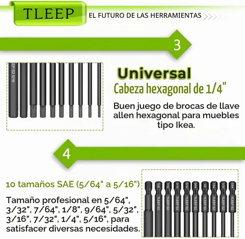 Vista 6 de 10 brocas de llave Allen de cabeza hexagonal de 3.937 in de largo, 1/4 de pulgada, 5/16 a 5/64 pulgadas, SAE, puntas magnéticas para destornillador