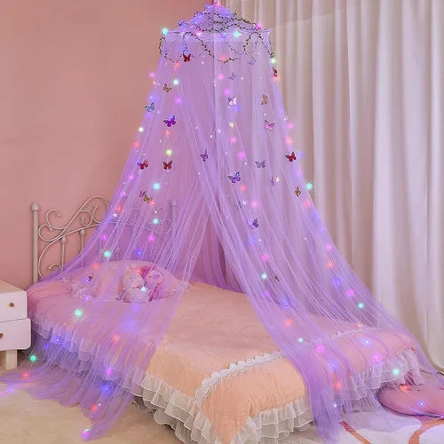 Vista 8 de FIOBEE Toldo de Cama para Habitación de Niñas, Cortinas de Dosel con Luces LED, Mosquitero con Red de Malla, Decoración DIY de Habitación