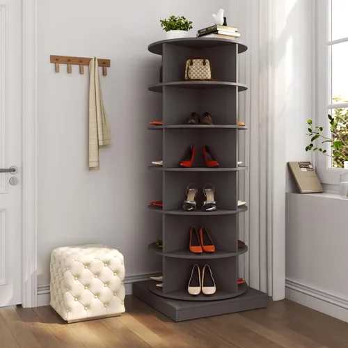 Vista 9 de HomVent Zapatero giratorio, torre giratoria de madera de 6 niveles, organizador de zapatos giratorio de 360°, estante de almacenamiento de zapatos