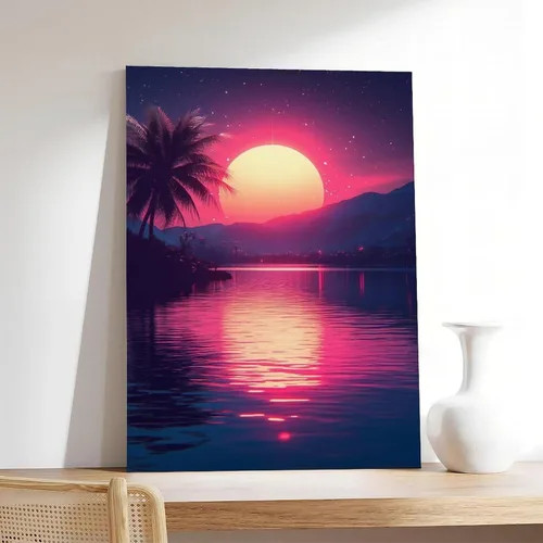 Vista 7 de ZMLIS Vaporwave Neon Retro City Print – Synthwave 80s Aesthetic Wall Decor – Futuristic Palm Trees Digital Poster Poster for Room Aesthetics Canvas