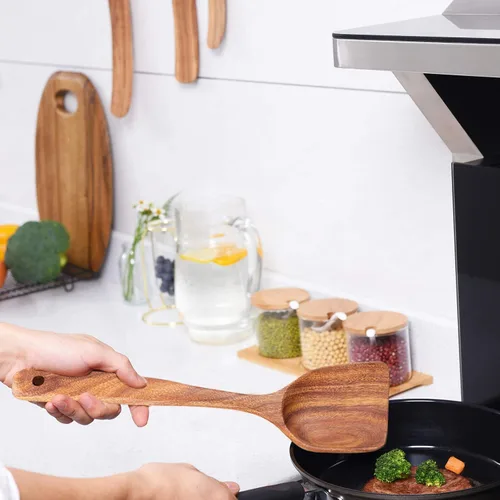 Vista 6 de GUDAMAYE - Juego de utensilios de cocina de madera, 6 cucharas de madera para cocinar, utensilios de cocina de madera, cucharas de madera de teca