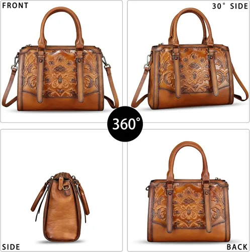 Vista 2 de Bolso de cuero genuino para mujer, bolso de cuero en relieve, bolso con asa superior, bolso hecho a mano, bolso cruzado hobo