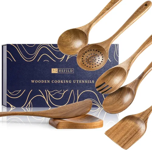 Vista 11 de cucharas de madera para cocinar, juego de utensilios de cocina antiadherentes con 10 piezas de espátulas y cucharas de madera de acacia
