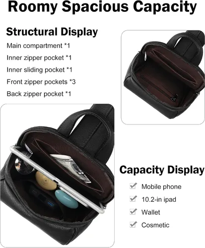 Vista 2 de FADEON Bolso bandolera grande para mujer, mochila cruzada de piel sintética, bolso de viaje a la moda para el pecho, bolso negro, Bolso bandolera