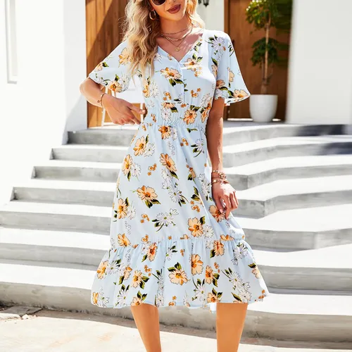 Vista 4 de XIAwenYUAN Vestido de mujer para verano bohemio lindo floral casual playa fiesta hawaiana con vuelo largo vestido largo de línea A verde A Green M