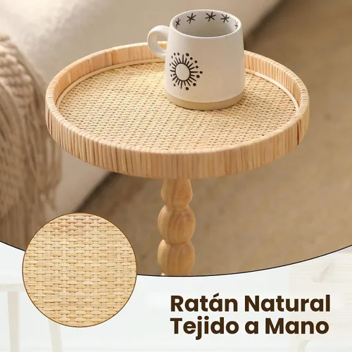 Vista 4 de Mesa pequeña para bebidas, mesa auxiliar redonda de ratán para espacios pequeños, mesa auxiliar bohemia con patas de madera maciza para sala