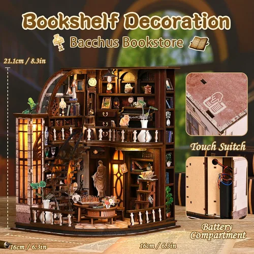 Vista 2 de Kit de casa en miniatura, rompecabezas de madera 3D para adultos, kit de rincón de libro con luz LED táctil, inserto de estantería de biblioteca