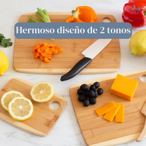 Vista 4 de Totally Bamboo Juego de tablas de cortar de bambú de dos tonos de 3 piezas, tablas de cocina reversibles para cortar y servir queso, carne, verduras