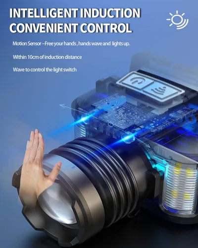 Vista 2 de Linterna frontal LED recargable súper brillante, luz de cabeza impermeable con sensor de movimiento para adultos, 5 modos de faro manos libres