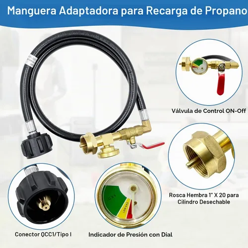 Vista 2 de Adaptador de Recarga de Propano para Tanques de 1 lb, Manguera Adaptadora de Recarga de Tanque de Propano Mejorada de 3 Pies/36'', Manguera