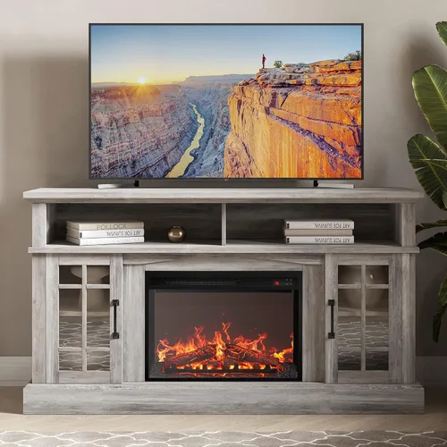 Vista 10 de BELLEZE Mueble TV, 48 pulgadas, con chimenea eléctrica funcional de 18 pulgadas, moderno, para TV de máx. 50 pulgadas, estantes abiertos y armarios